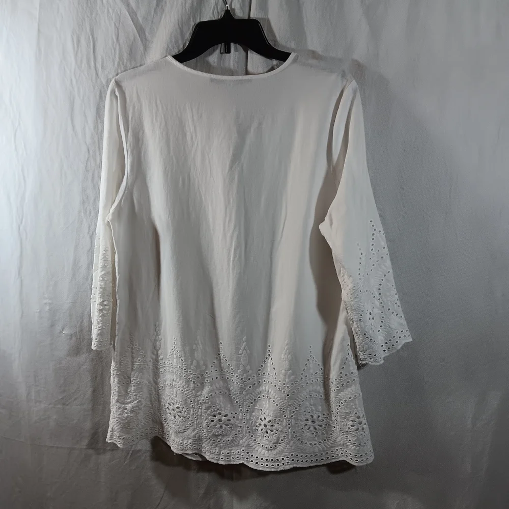 Marina Luna Womens Large Top White Linen Blend Tunic Eyelet Trim Beach Blouse